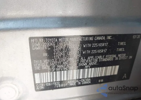 2021 Toyota Rav4 Le z USA, uszkodzony, nr VIN 2T3F1RFV1MC169137